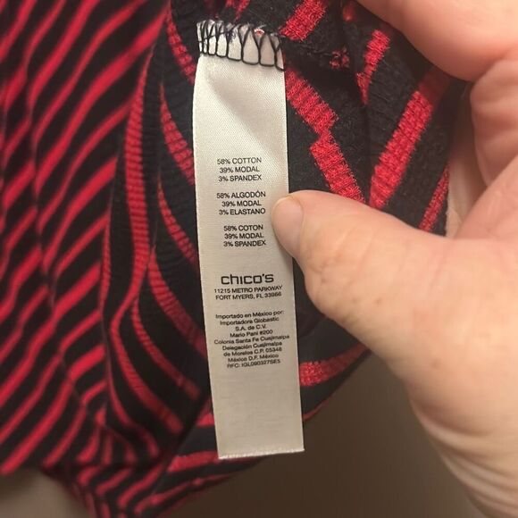 Chicos Red & Black Striped Knit Top Funnel Neck Long Sleeve - Picture 5 of 6